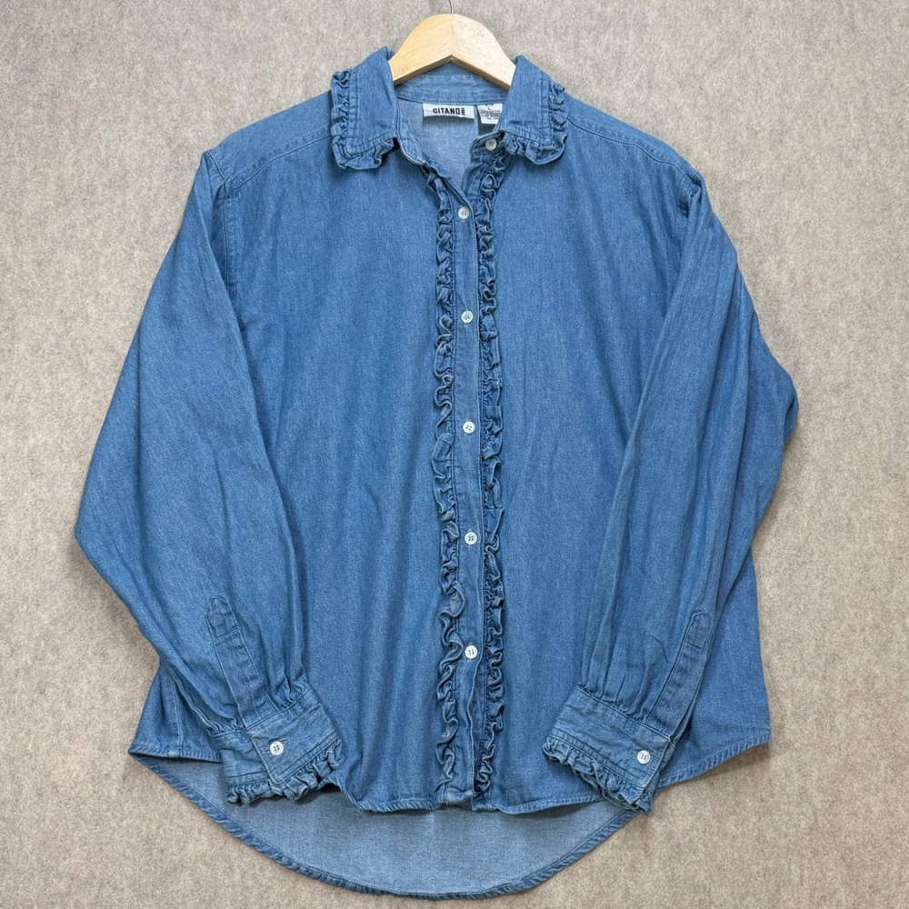 Gitano Vintage Womens L Denim Cottagecore Western Ruffle Button Front Shirt Top